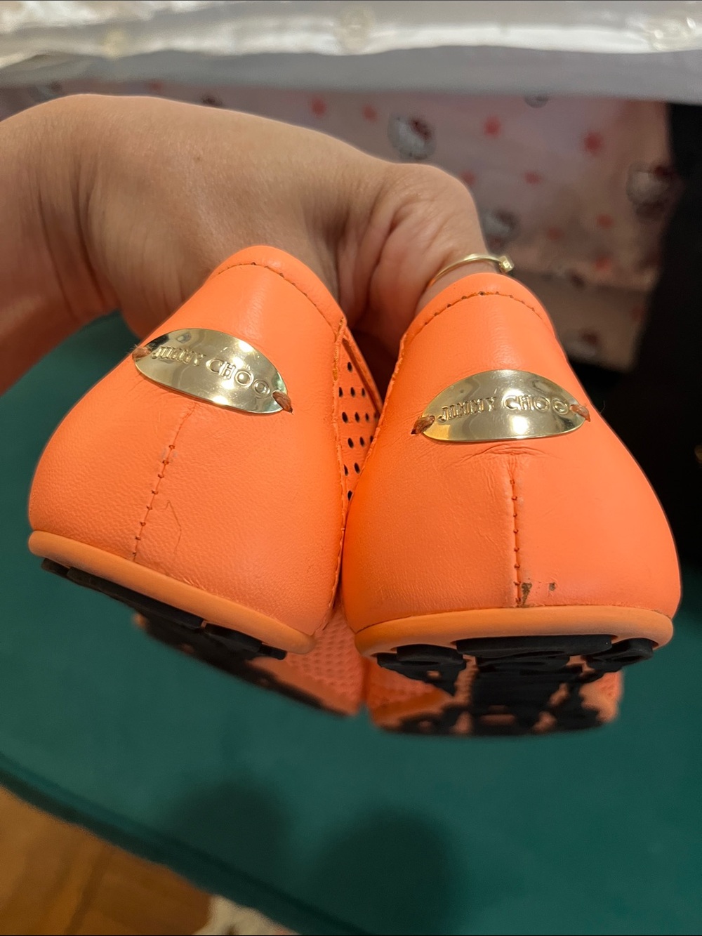 Jimmy Choo Neon Orange Perforated Leather Ballet Flats 37 1/2 - Picture 10 of 11